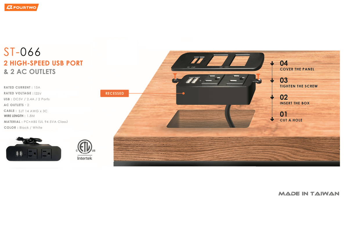 NEW~ST-066 cETLus USA / America FURNITURE POWER UNIT- 2-OUTLET WITH USB